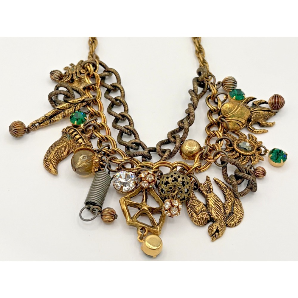 Patch NYC Rare Charm Statement Necklace‎ Brass Tone treasure Rhinestone